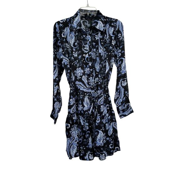 ZARA Blue Black Printed Flounced Shirt Dress M Mini Belted Long Sleeve NWT - Picture 4 of 11